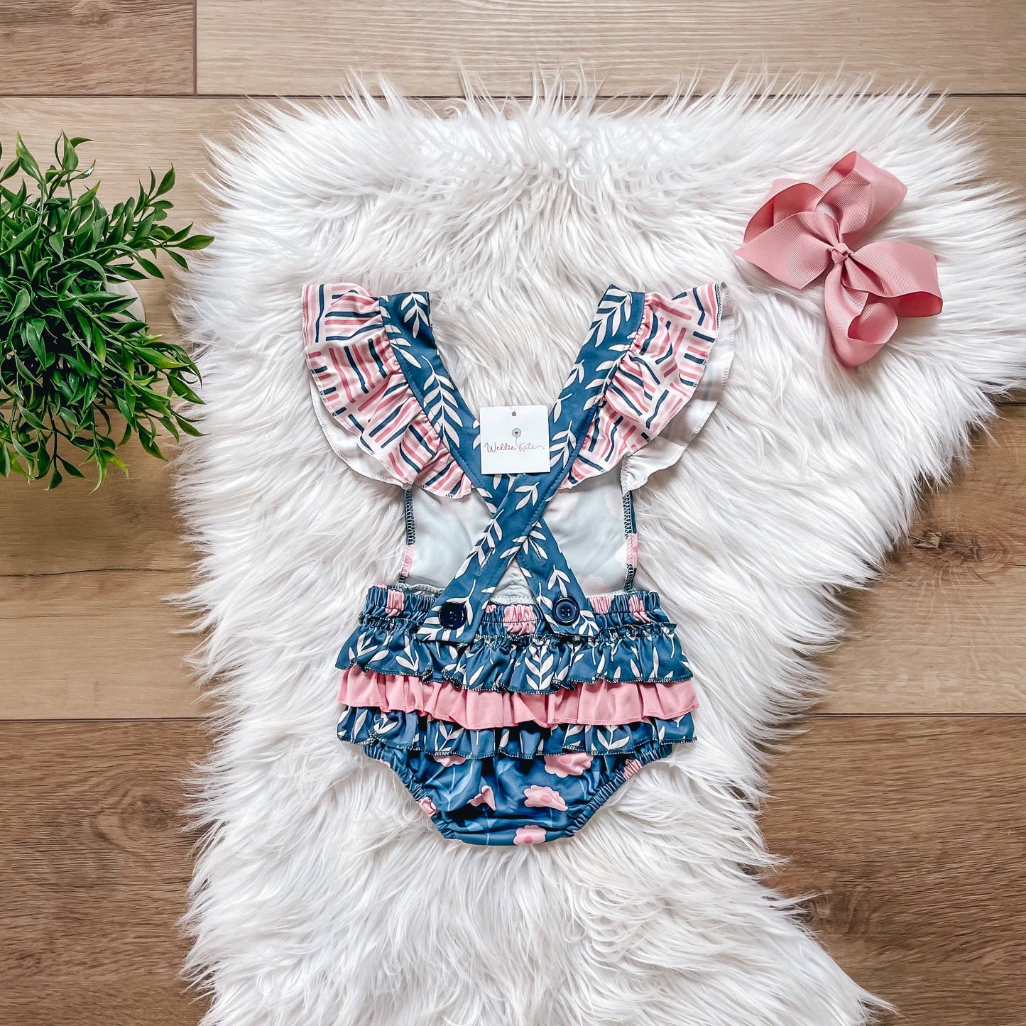 Pink Flowers w/ Leaves Bubble Infant Romper by Wellie Kate