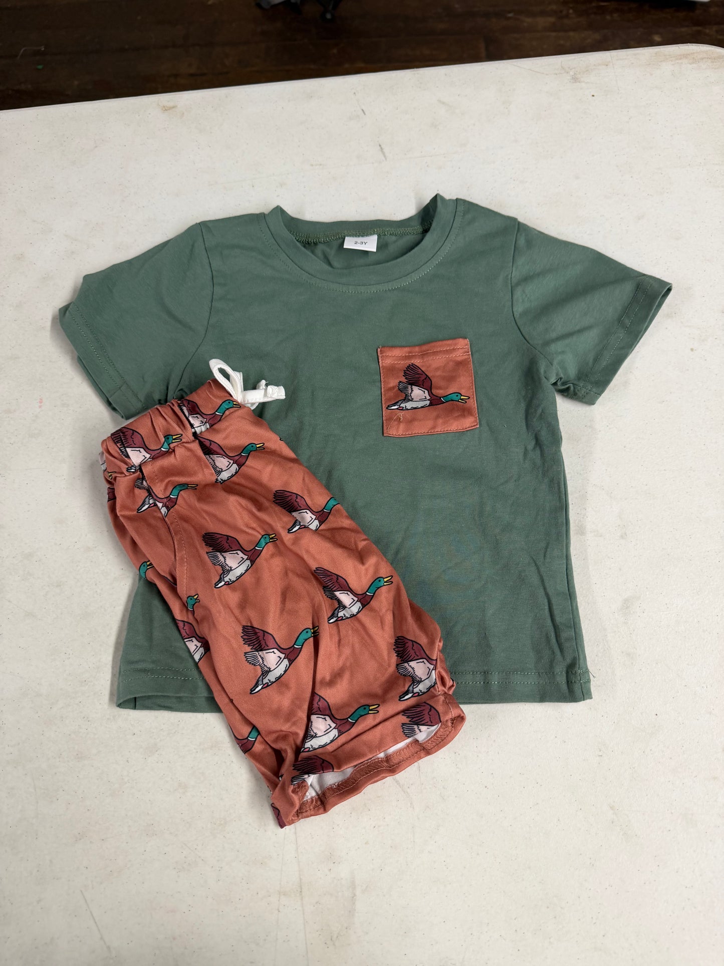 Mallard Duck Green Pocket Tee & Brown Shorts