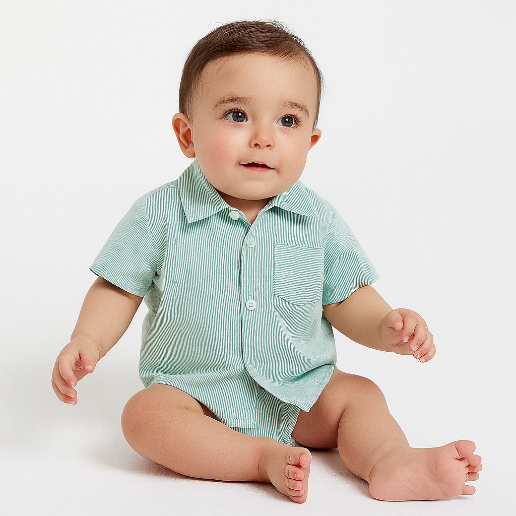 Button-Down Short-Sleeve Dress Shirt: Green Stripe