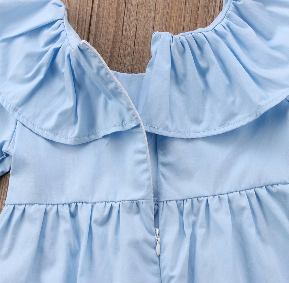 Blue Ruffle Bell Sleeve Mini Dress