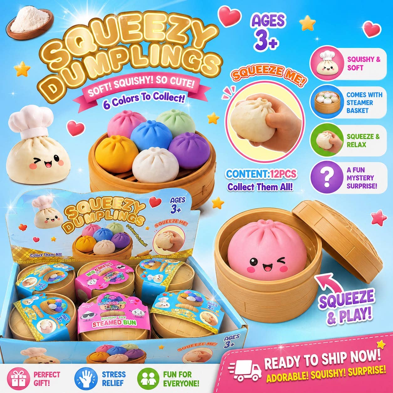 Squeezy Dumplings–Mystery Steamed Bun Squishy+Steamer Basket