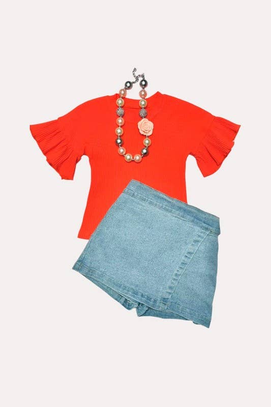 Orange Ruffle Short Sleeve Girls Top