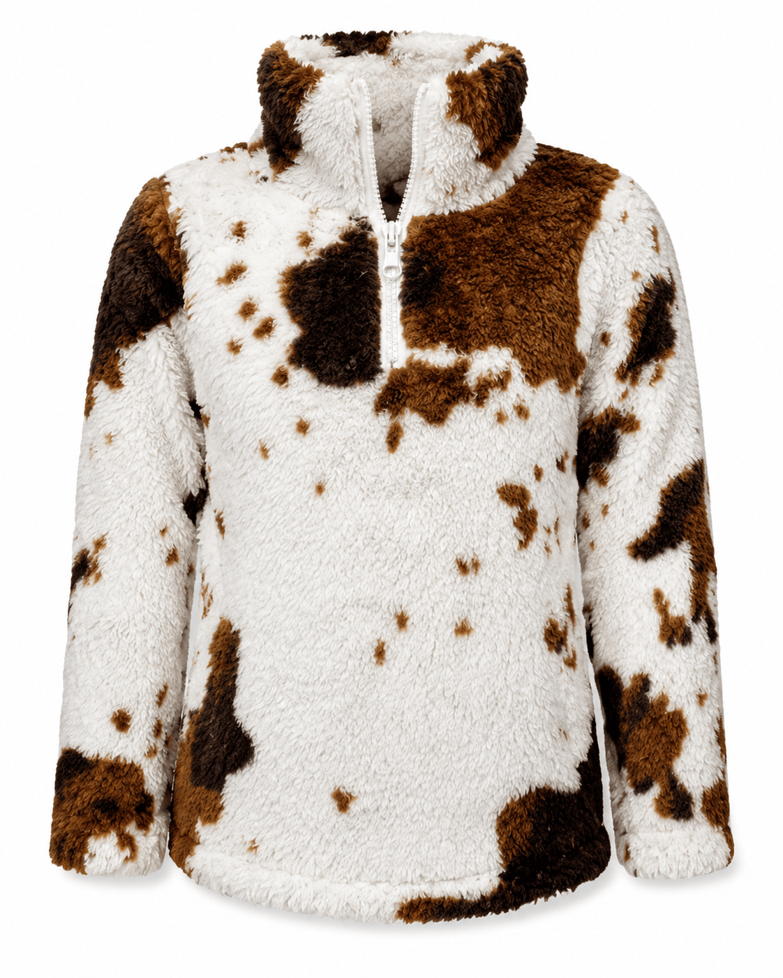 Kids Sherpa Pullover: Cow Print Brown