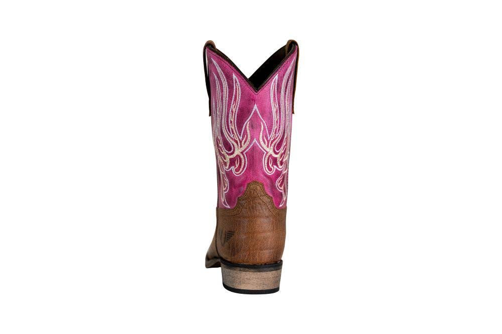 TuffRider Youth Arches Flame Embroidered Pink Shaft Square Toe Western Boots: Brown
