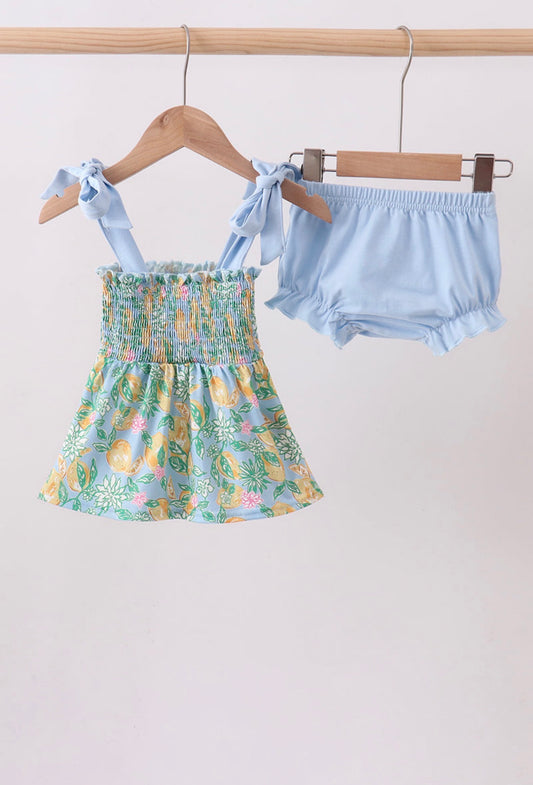 Green Lemon Smocked Bow Bloomer Set