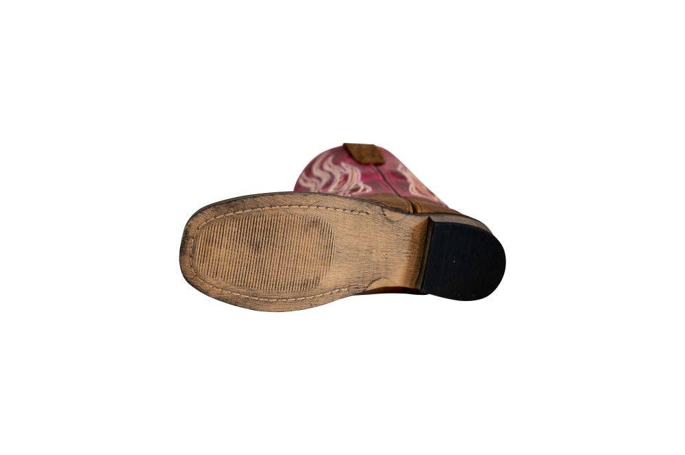 TuffRider Youth Arches Flame Embroidered Pink Shaft Square Toe Western Boots: Brown