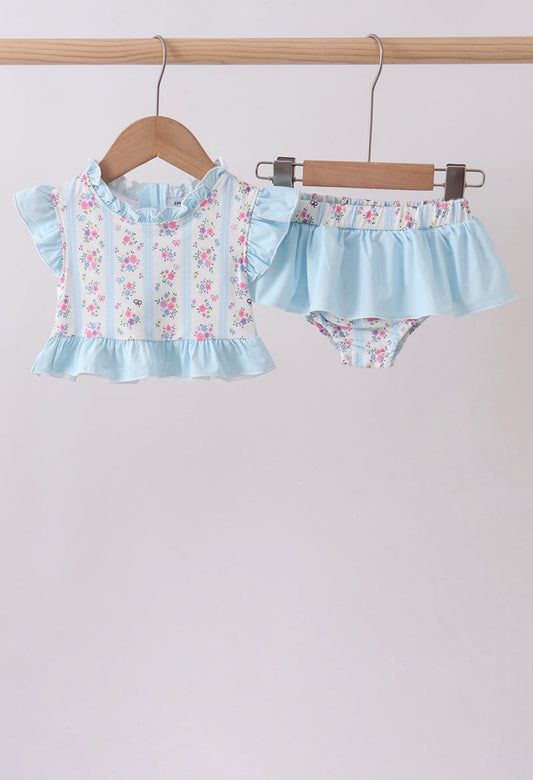 Blue Floral Ruffle 2 Piece Swimsuit