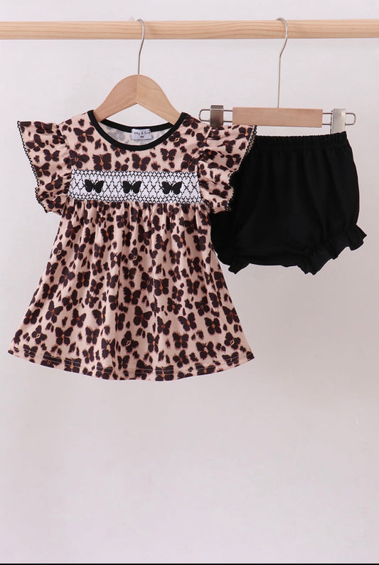 Leopard Butterfly Smocked Ruffle Bloomer Set