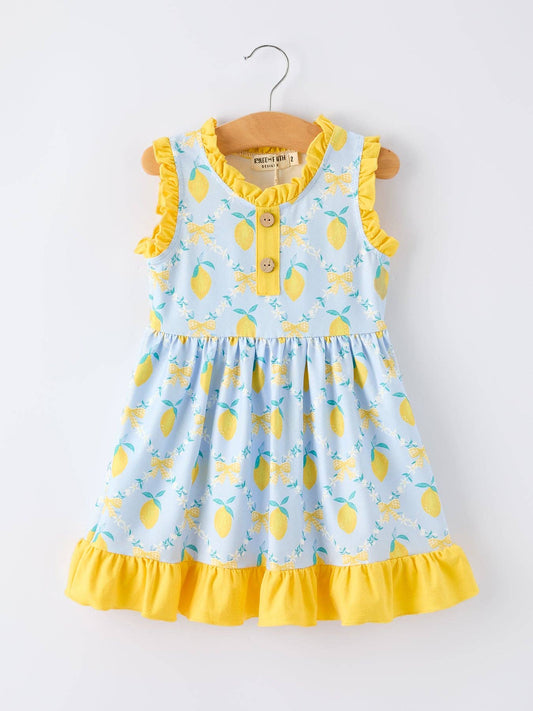 Lemon Floral Print Girl Sleeveless Ruffle Dress