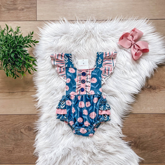 Pink Flowers w/ Leaves Bubble Infant Romper by Wellie Kate