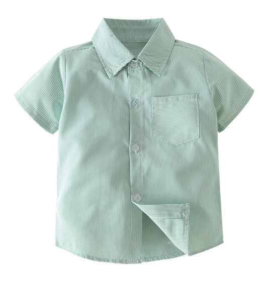Button-Down Short-Sleeve Dress Shirt: Green Stripe