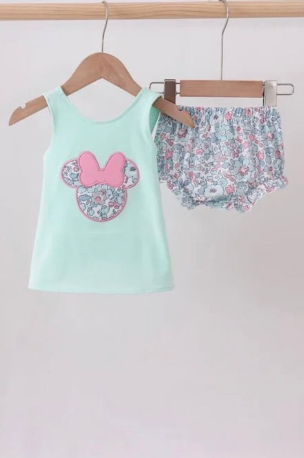Mint Floral Character Appliqué Bloomer Set