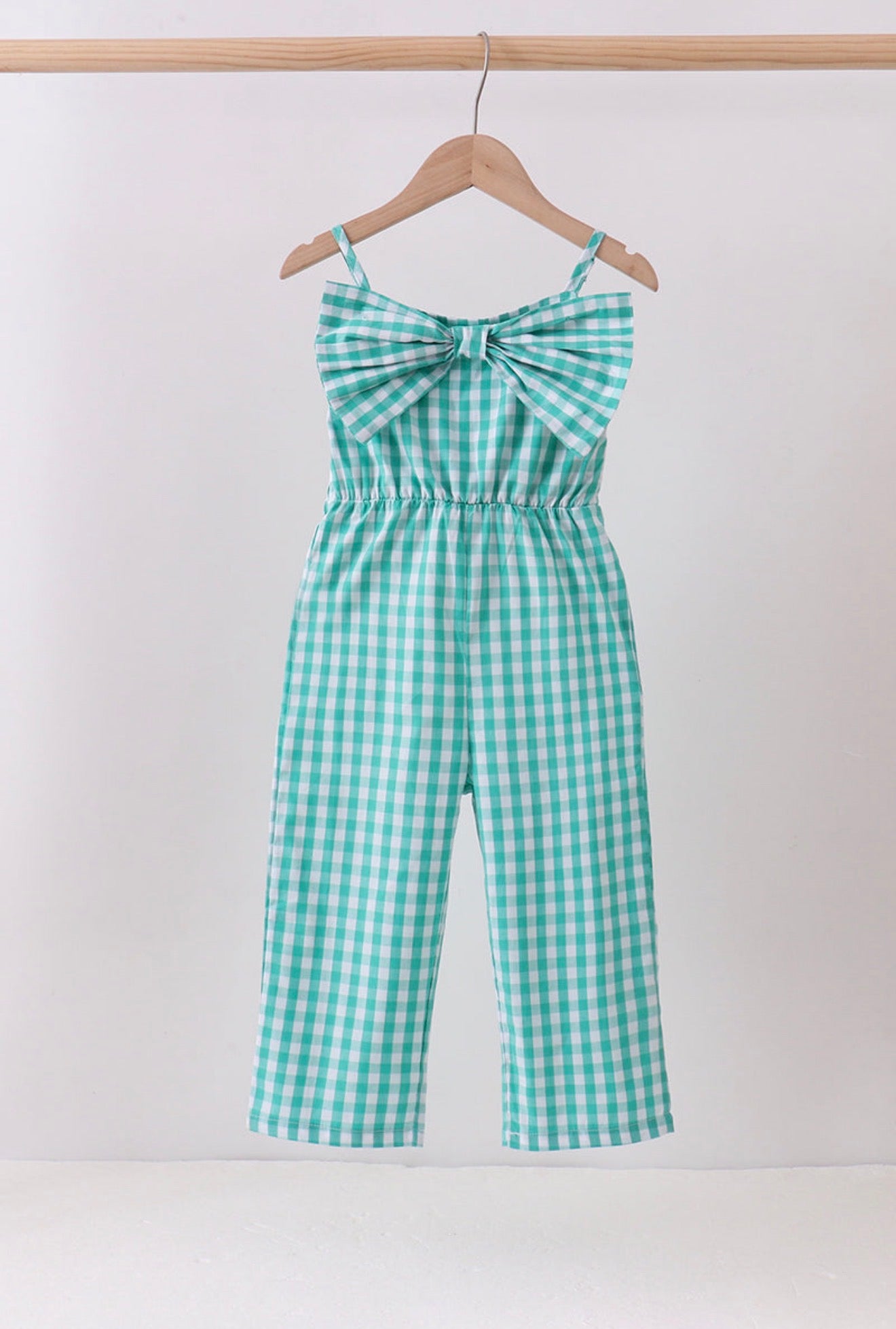 Green Bow Gingham Jumpsuit