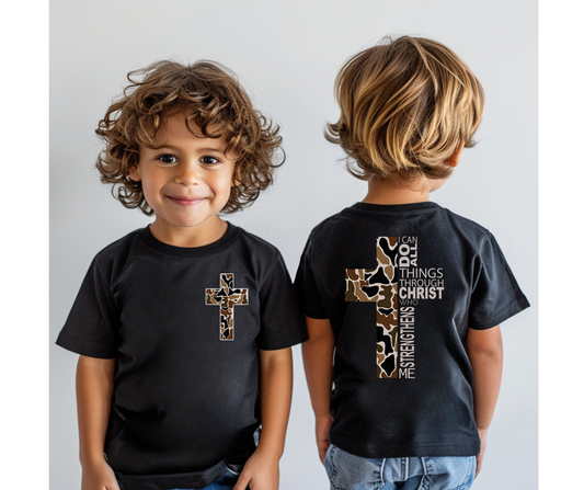Camo Cross I Can Do All Things Youth Faith Graphic Tee