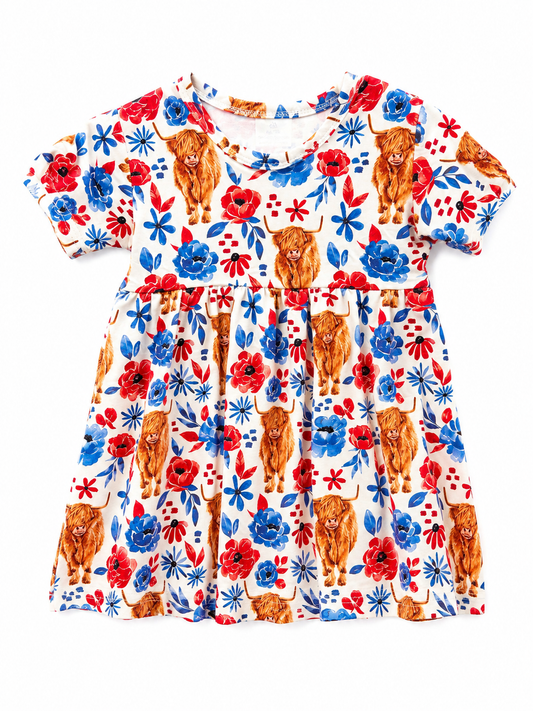 Highland Cow Blue/Red Flower Dress