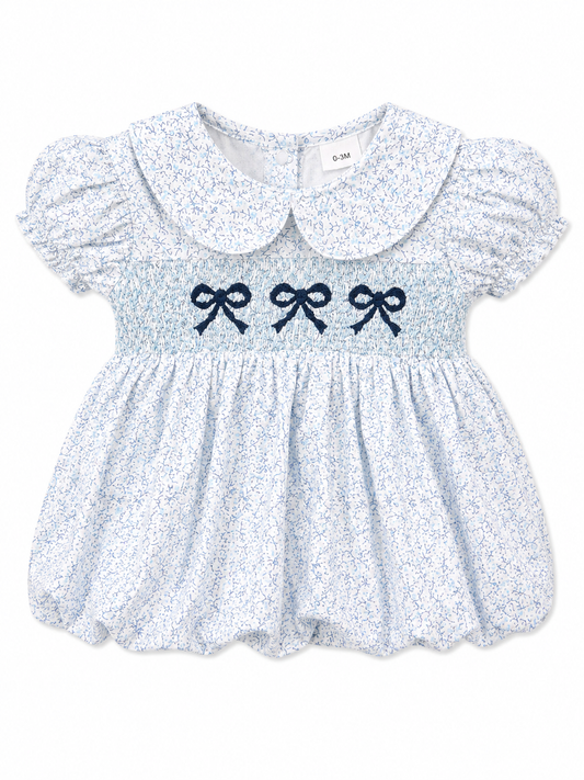 Blue Bow Collared Smocked Dress