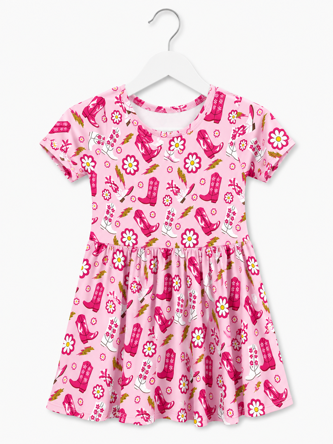 Pink Cowgirl Lightening Bolt Bamboo Twirl Dress