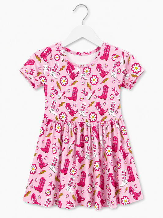 Pink Cowgirl Lightening Bolt Bamboo Twirl Dress