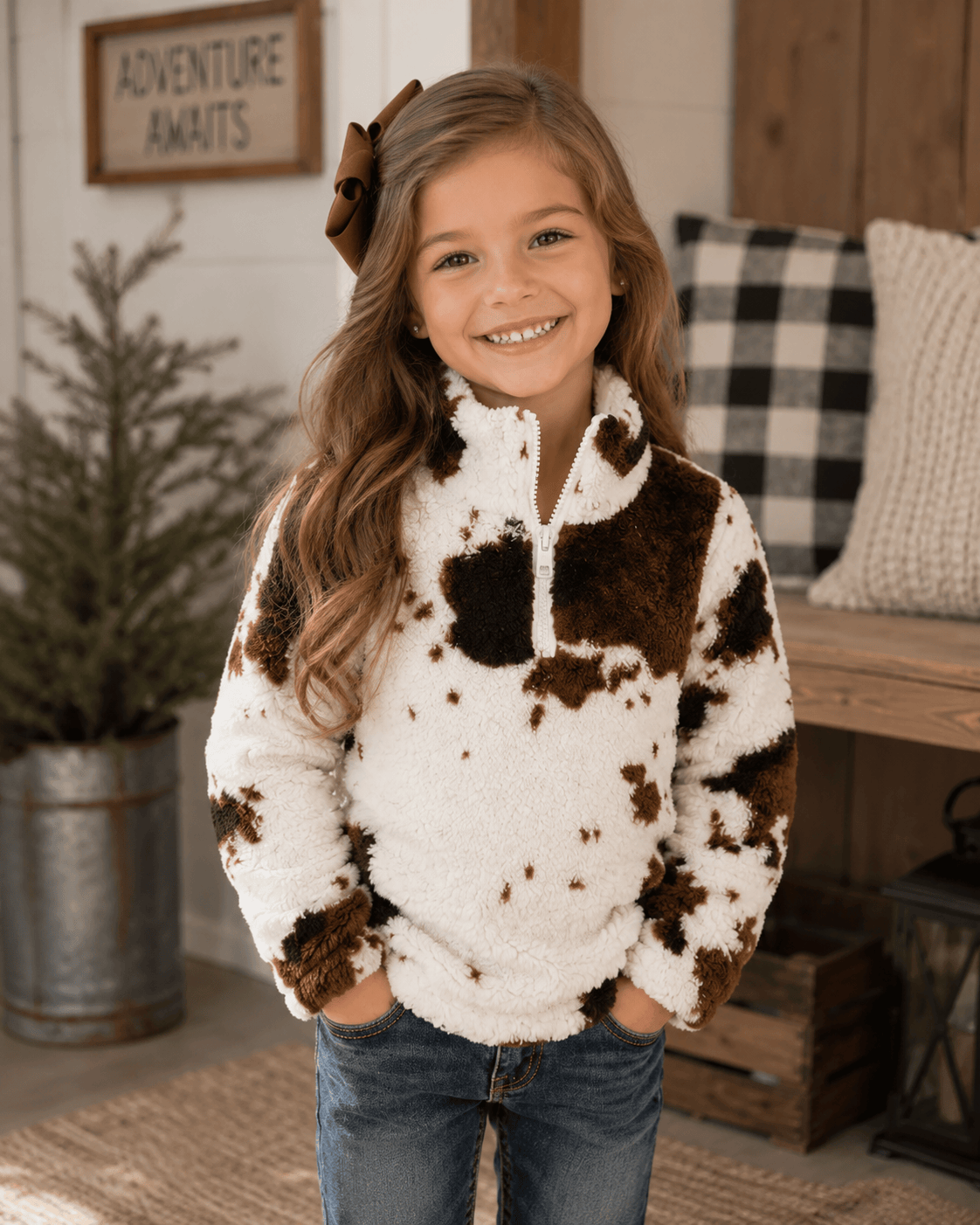 Kids Sherpa Pullover: Cow Print Brown