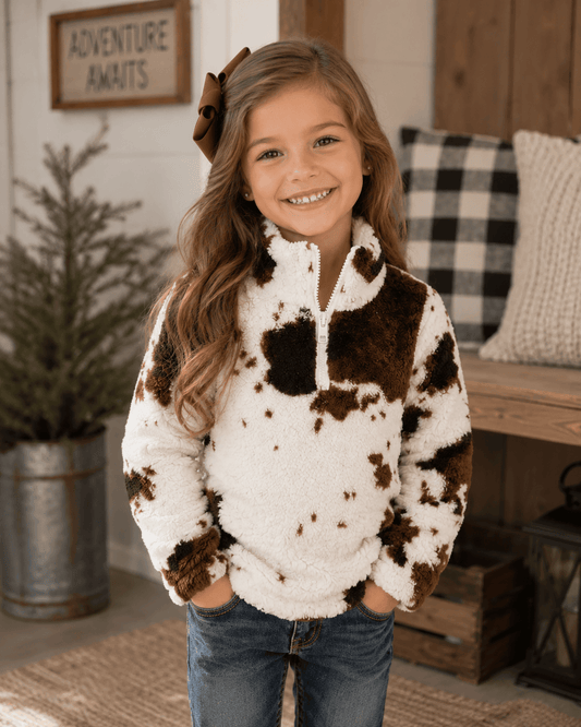 Kids Sherpa Pullover: Cow Print Brown