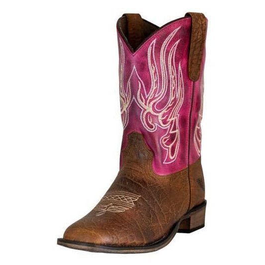 TuffRider Youth Arches Flame Embroidered Pink Shaft Square Toe Western Boots: Brown