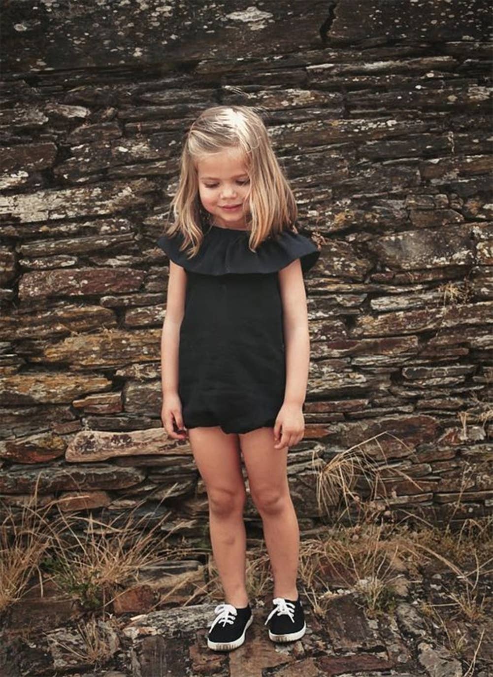 Black Ruffle Neckline Sleeveless Baby Romper