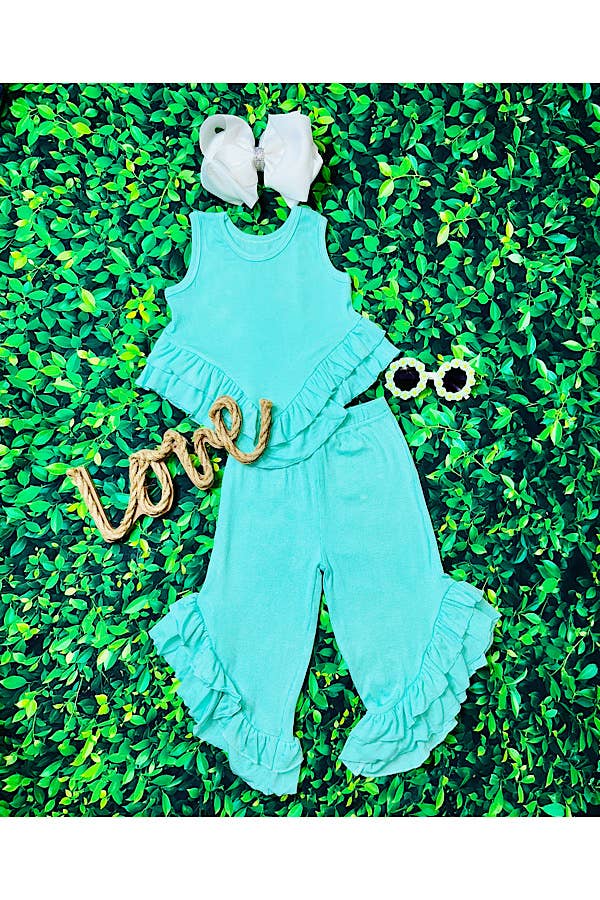 Aqua Ruffle Top w/ Flare Bottoms Set