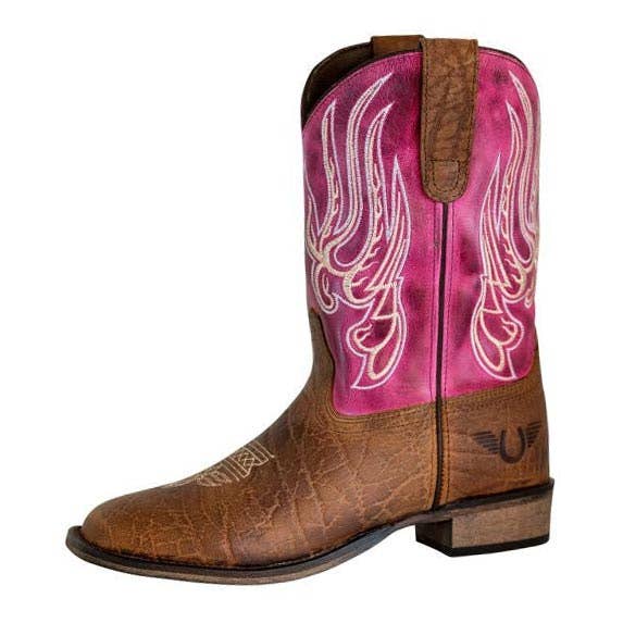 TuffRider Youth Arches Flame Embroidered Pink Shaft Square Toe Western Boots: Brown