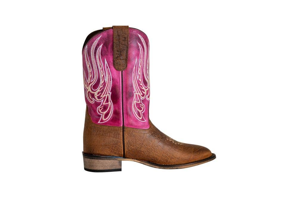 TuffRider Youth Arches Flame Embroidered Pink Shaft Square Toe Western Boots: Brown